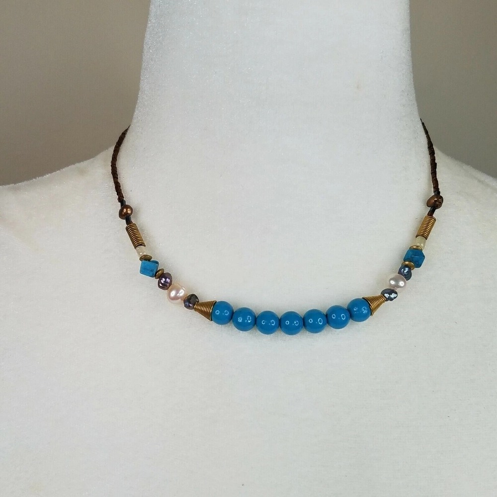 Boho Beaded Choker‎ Necklace Blue Ceramic Beads Pearl Turquoise Mixed Metal Adj.